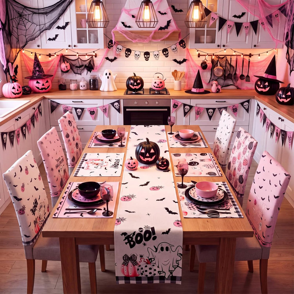 Newtay 13 Pcs Pastel Halloween Table Runner Placemats and Chair Cover Set