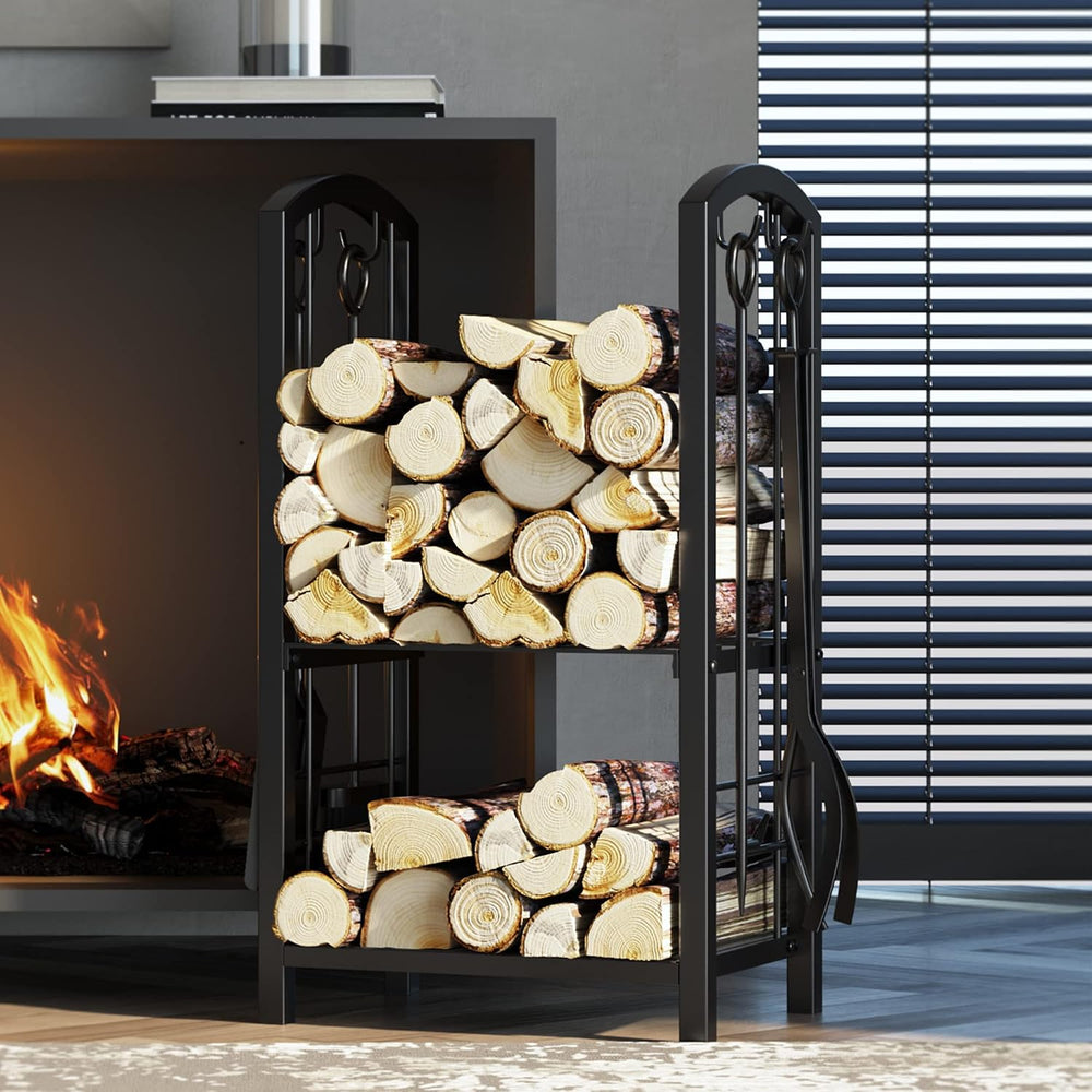Fire Beauty Wrought Iron Firewood Log Rack with 4 Pcs Fireplace Tools Black