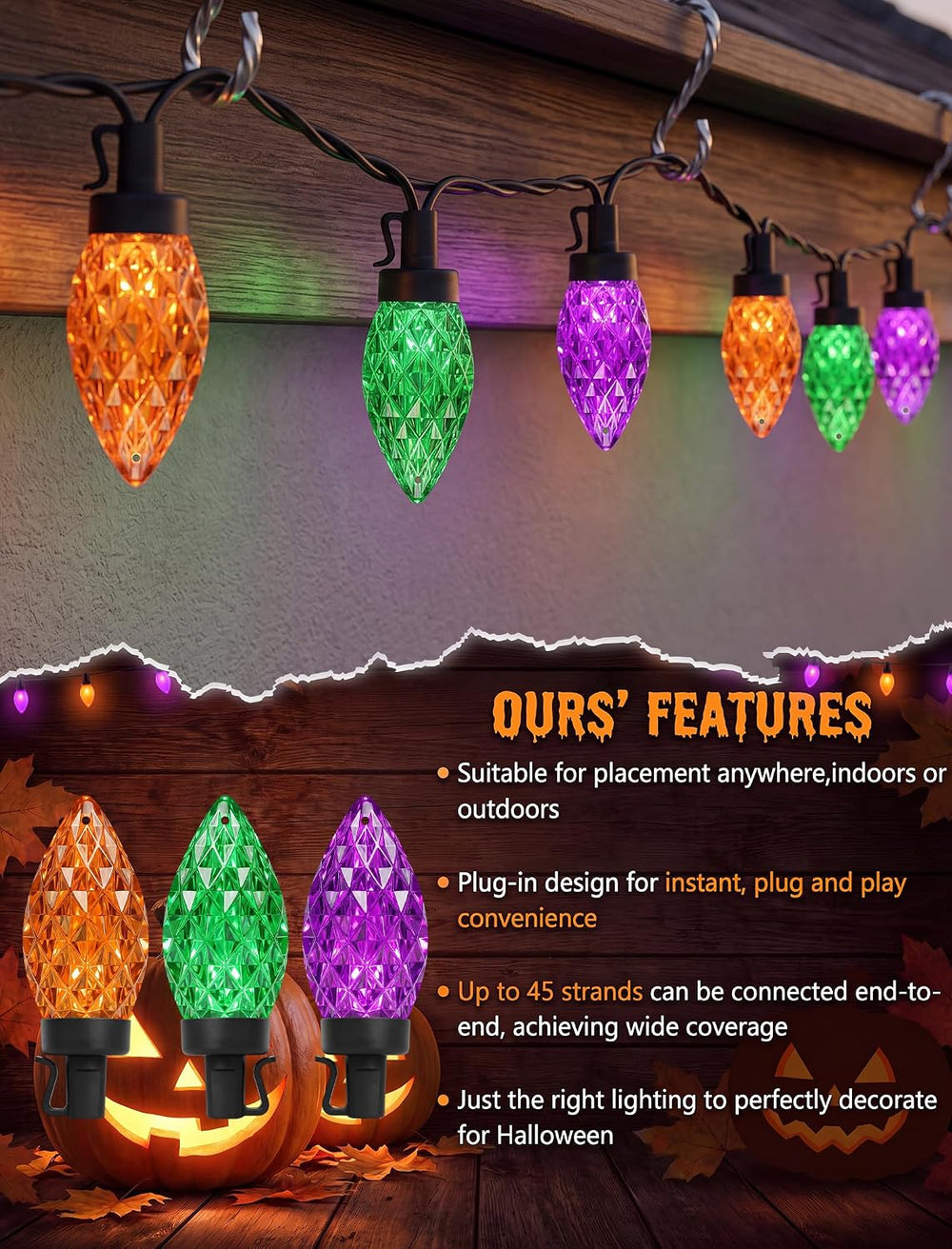 26FT C9 Halloween String Lights, 50 LED Orange Green Purple Diamond Lights