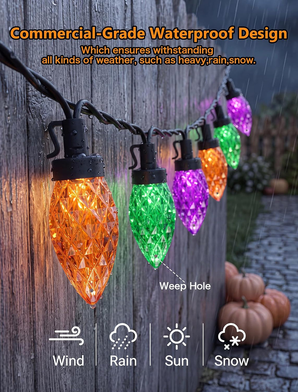 26FT C9 Halloween String Lights, 50 LED Orange Green Purple Diamond Lights