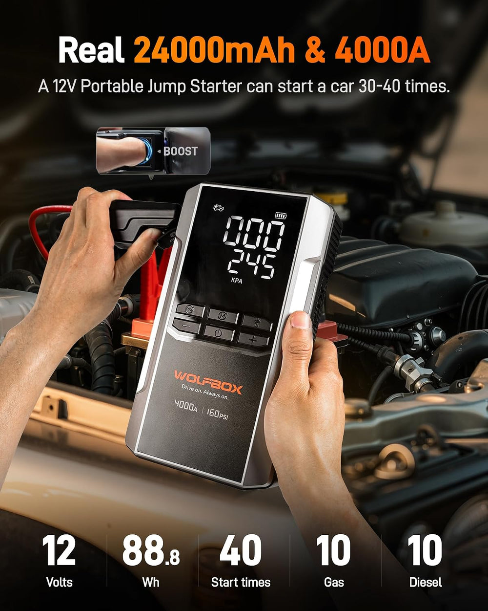 WOLFBOX MV24A 4000A Jump Starter with 160PSI Air Compressor, 12V Car Battery ...