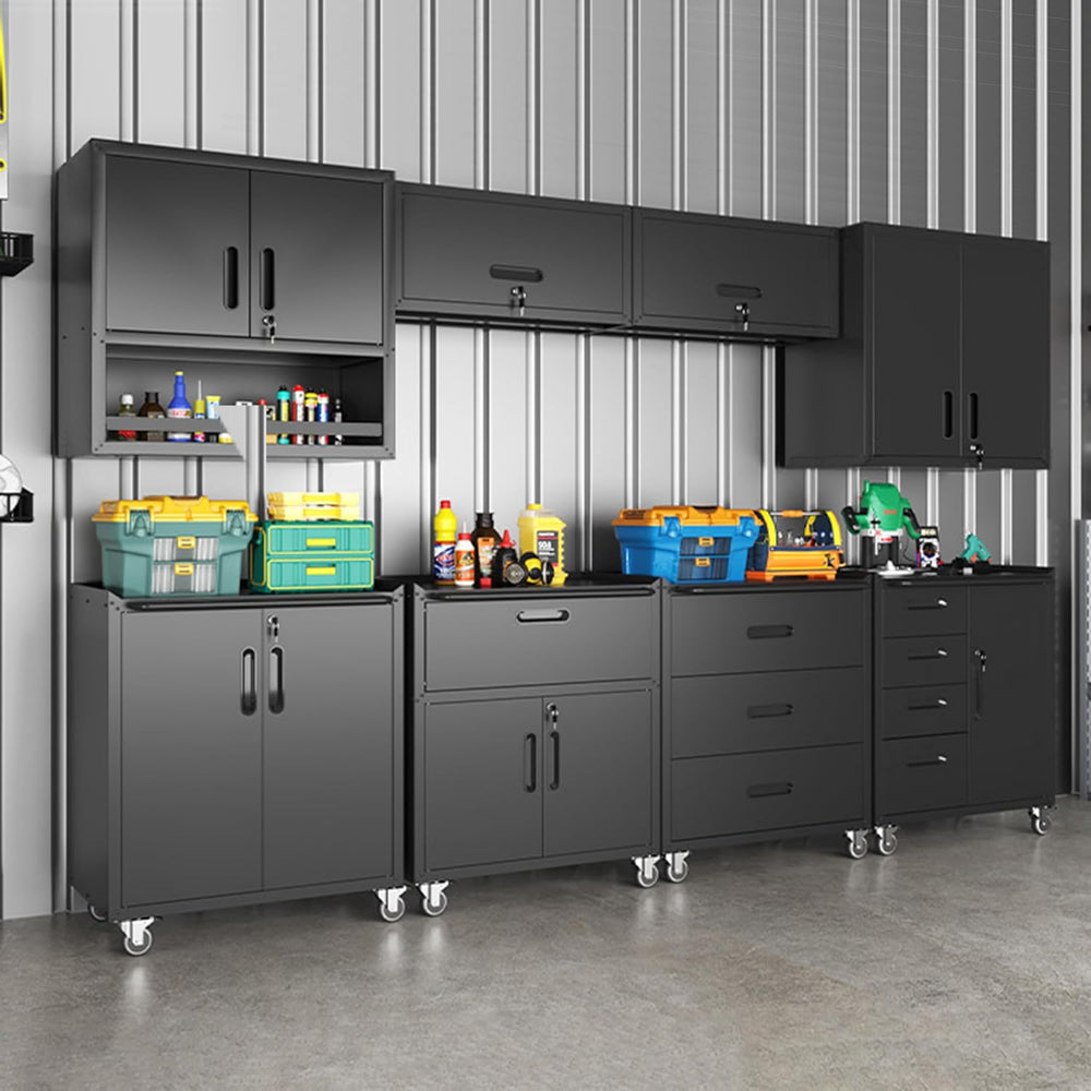 Black Garage Storage Cabinets System 6 PCS Workshop Set with Drawers Locking ...