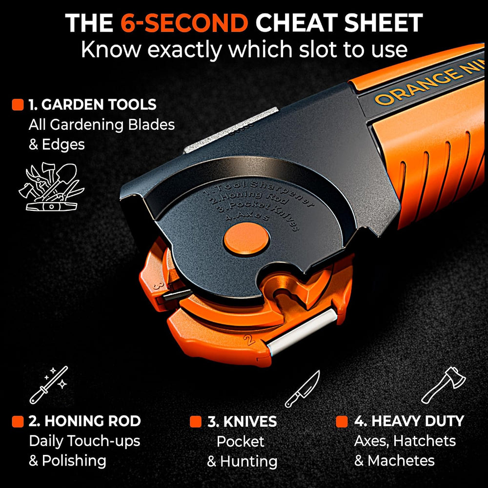Orange Ninja 7-in-1 Garden Tool & Knife Sharpener- One Tool for Every Blade