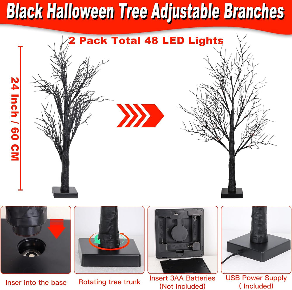 Halloween Decorations Indoor 2 Pack 24 Inch Black Halloween Tree with 48 Oran...