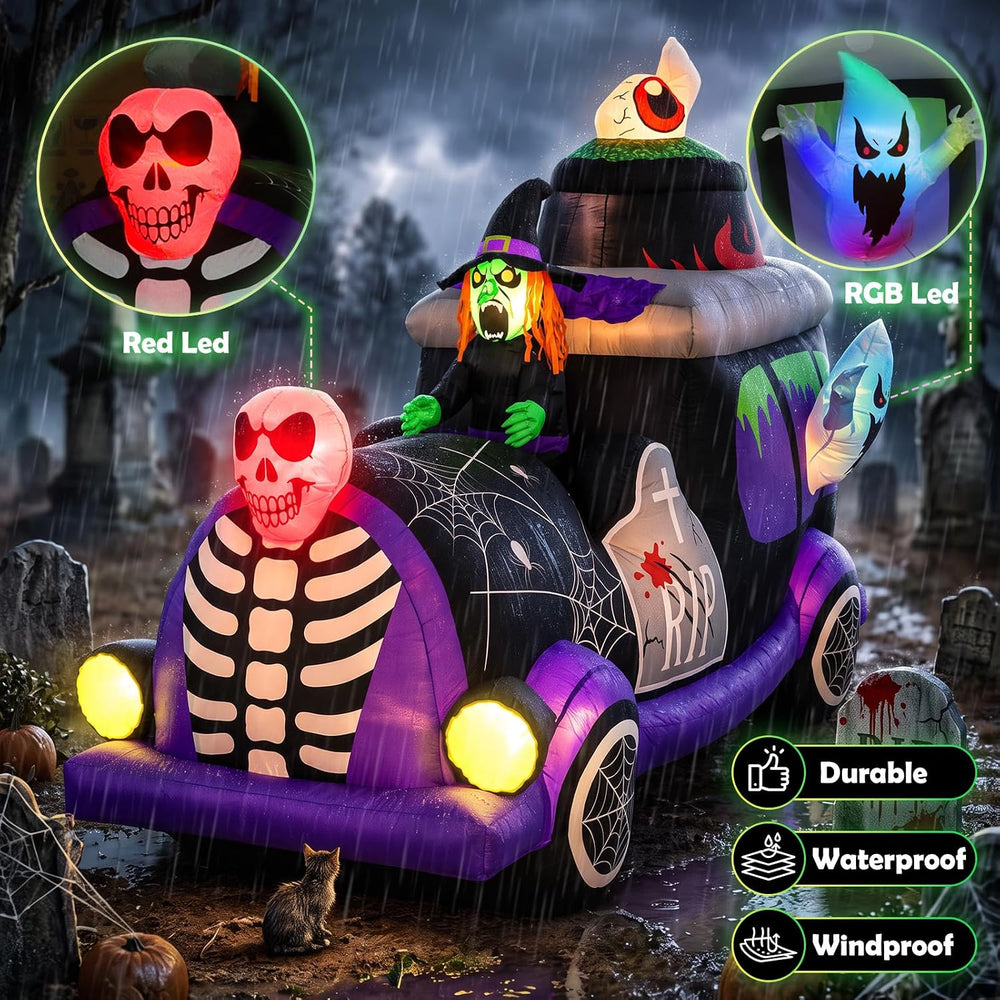8FT Halloween Inflatables Witch Hearse with Ghost Skeletons Outdoor Decor
