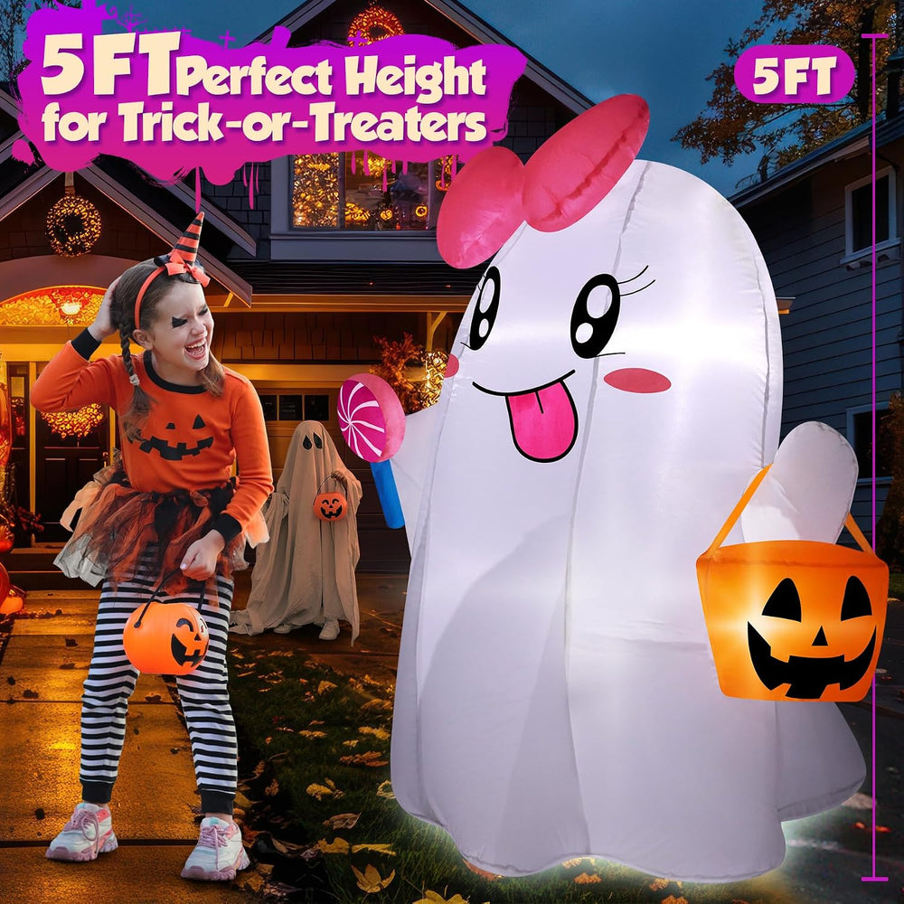 zukakii 5FT Halloween Inflatables Ghost, Cute Halloween Decorations Outdoor B...