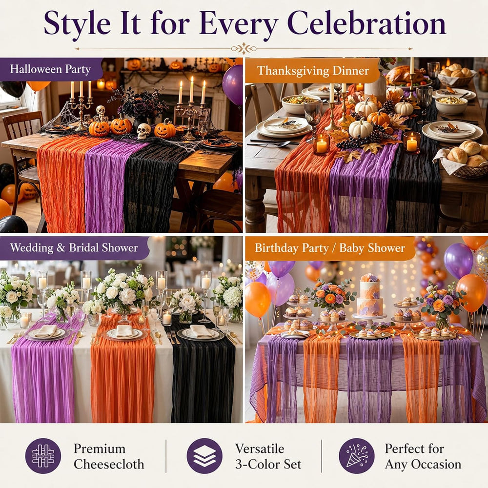 12 Pack Halloween Cheesecloth Gauze Table Runner Black & Orange Table Run...