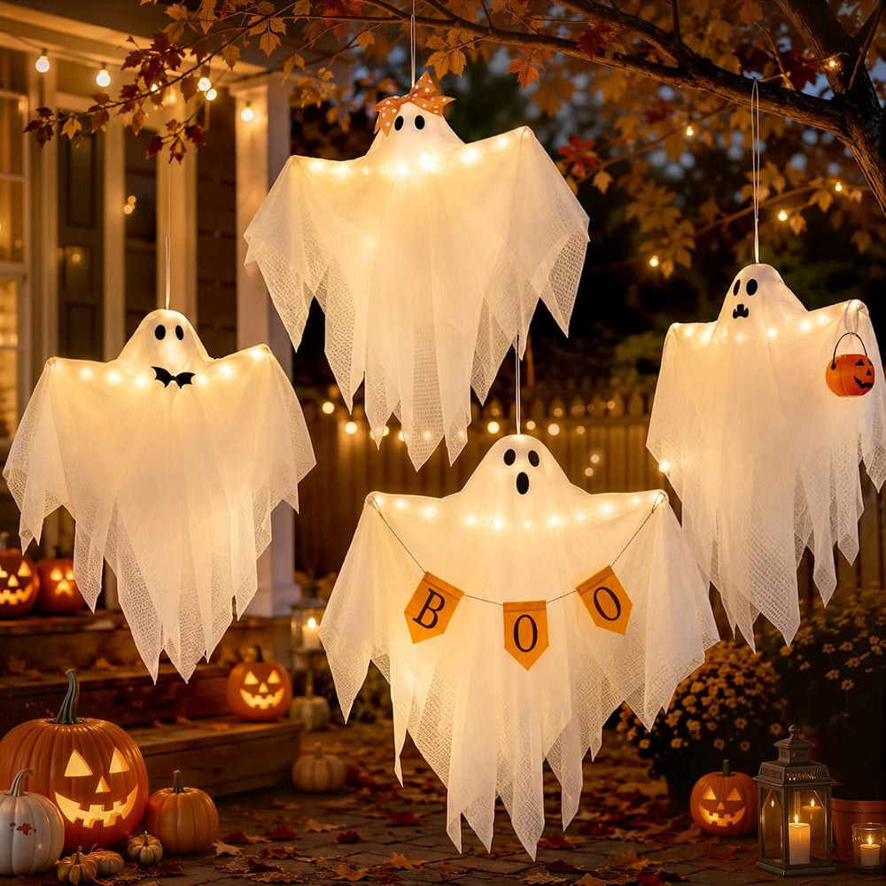 4 Pack Lighted Hanging Ghost Decorations with Timer for Halloween Decor