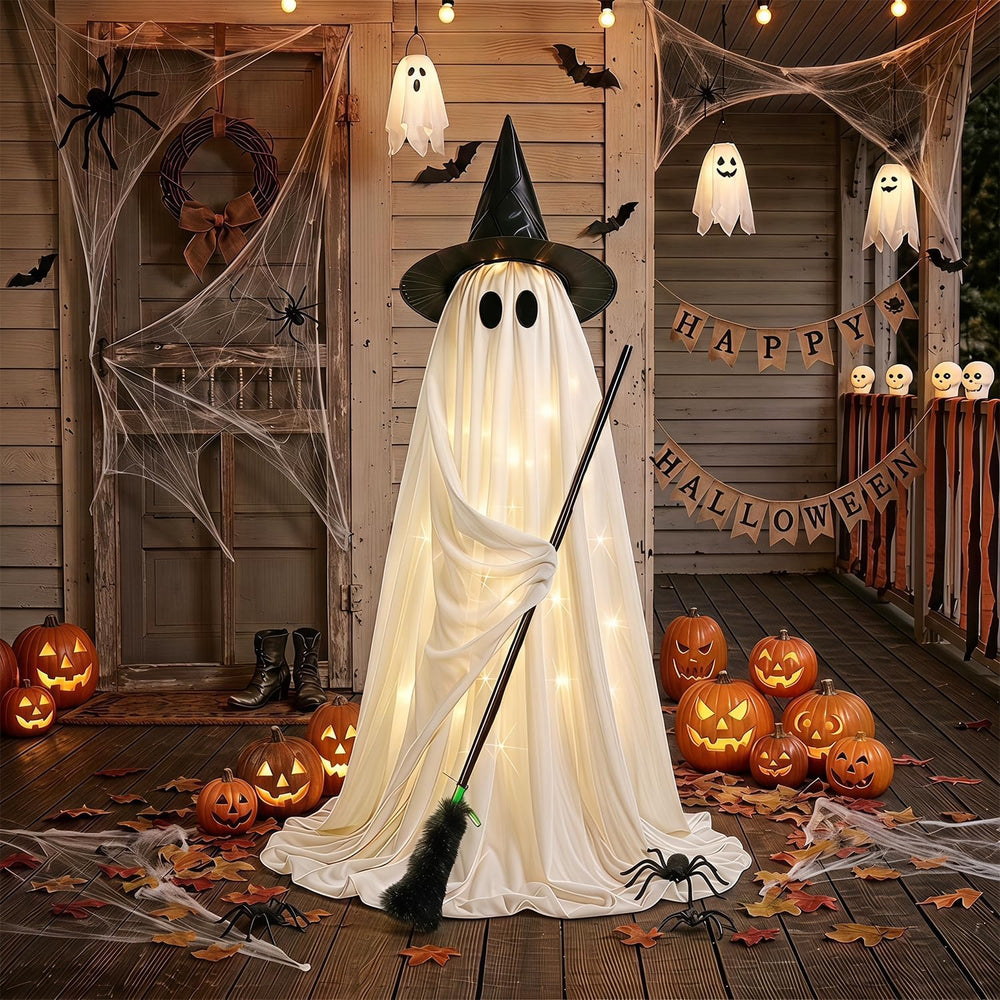 Halloween Decorations Outdoor Light Up Ghost, 53IN Witch Hat Broom Porch