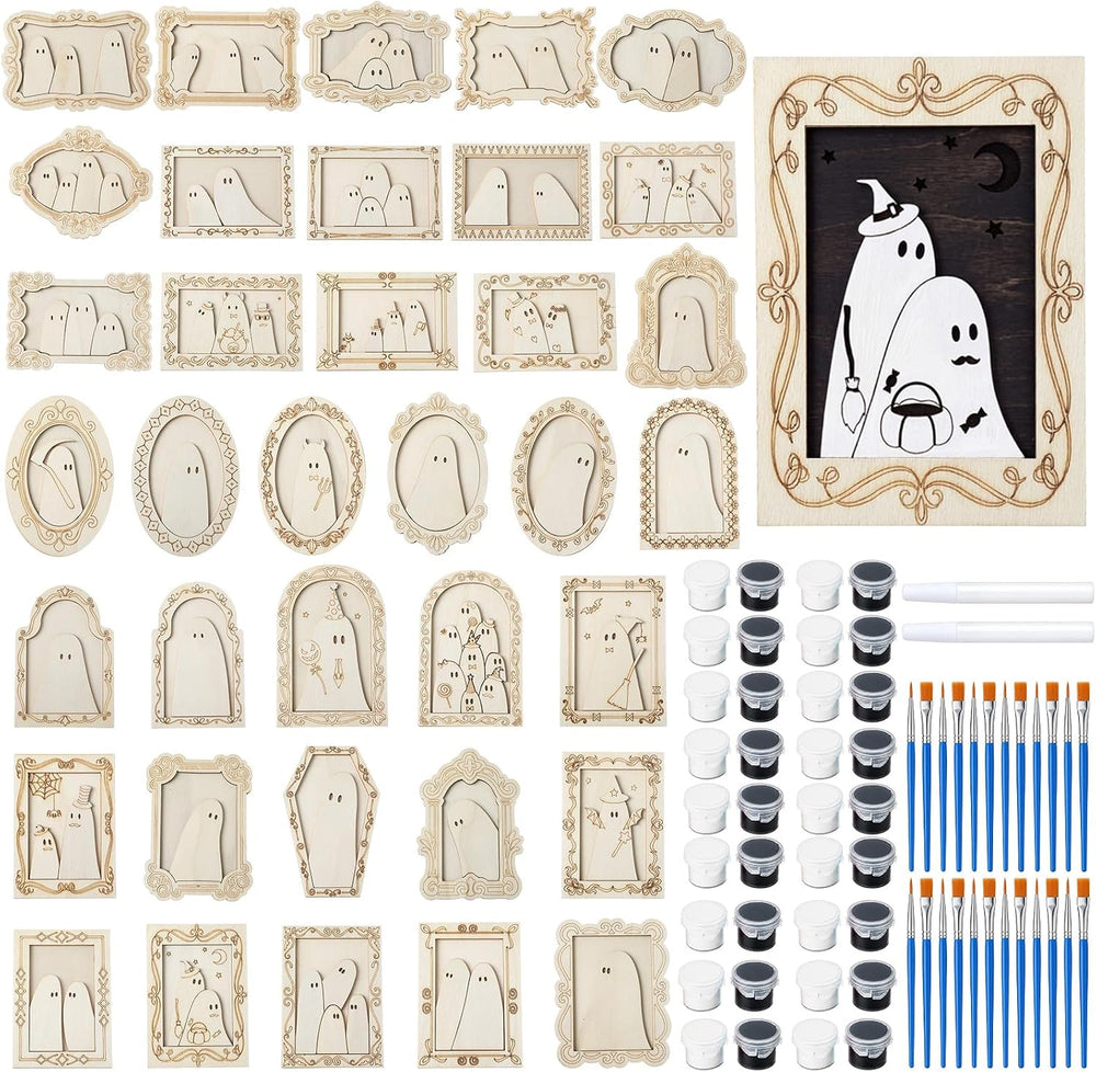 Simgoing 36 Set Adult Halloween Craft, Wood Ghost DIY Frame, Popular Style
