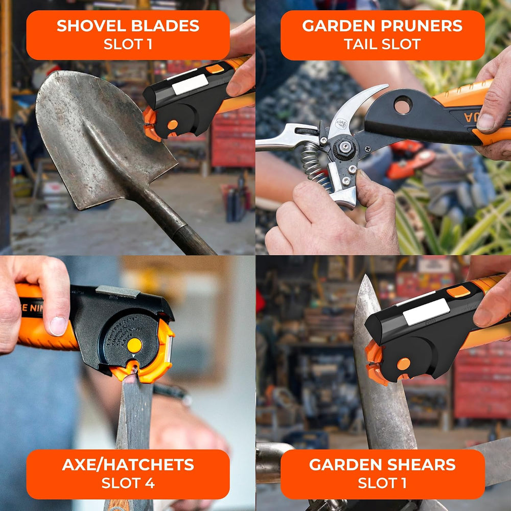 Orange Ninja 7-in-1 Garden Tool & Knife Sharpener- One Tool for Every Blade