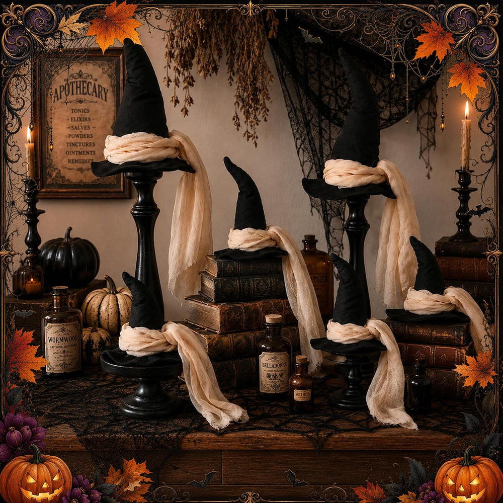 6 Pcs 3 Size Halloween Witch Hat Table Centerpieces with Gauze Ribbon