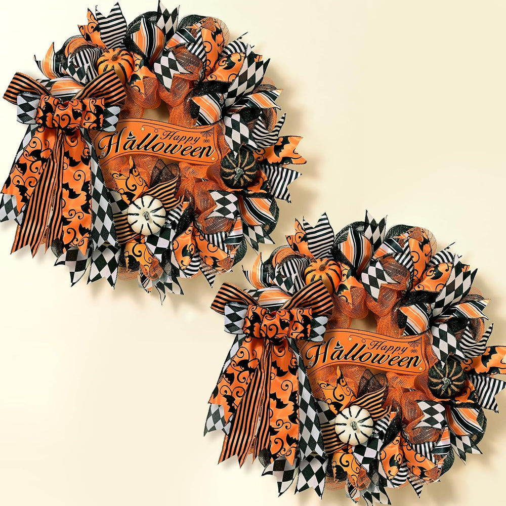 2 Pcs Halloween Wreaths for Front Door, Halloween Wreath with Ribbon Bow