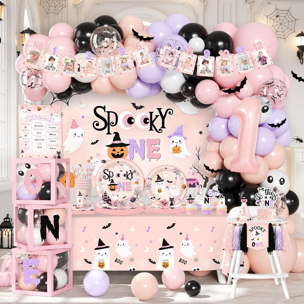 Spooky One Birthday Decorations Girl, 276 Pcs Pink Halloween 1st Birthday Par...