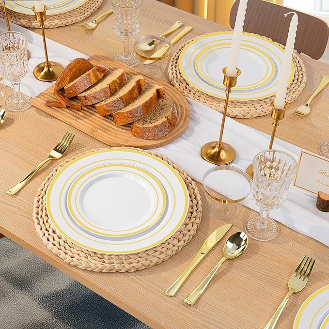 BESTVIP 700PCS Gold Plastic Dinnerware Set for 100 Guests, Disposable Plates ...