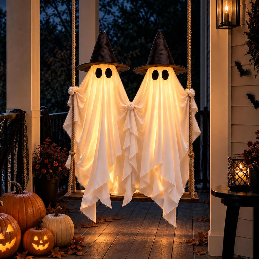 Evoio Halloween Swinging Ghost Outdoor Decor, Two 5FT Ghosts on a Swing, Ligh...