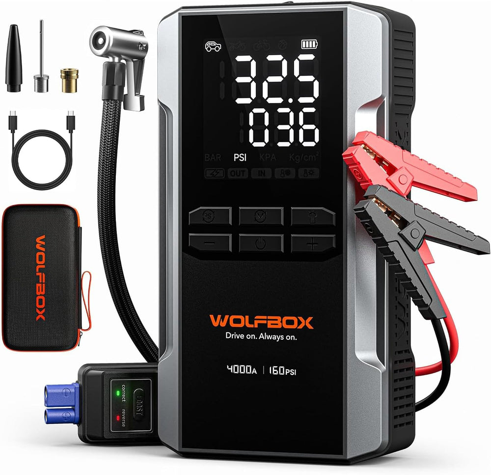 WOLFBOX MV24A 4000A Jump Starter with 160PSI Air Compressor, 12V Car Battery ...