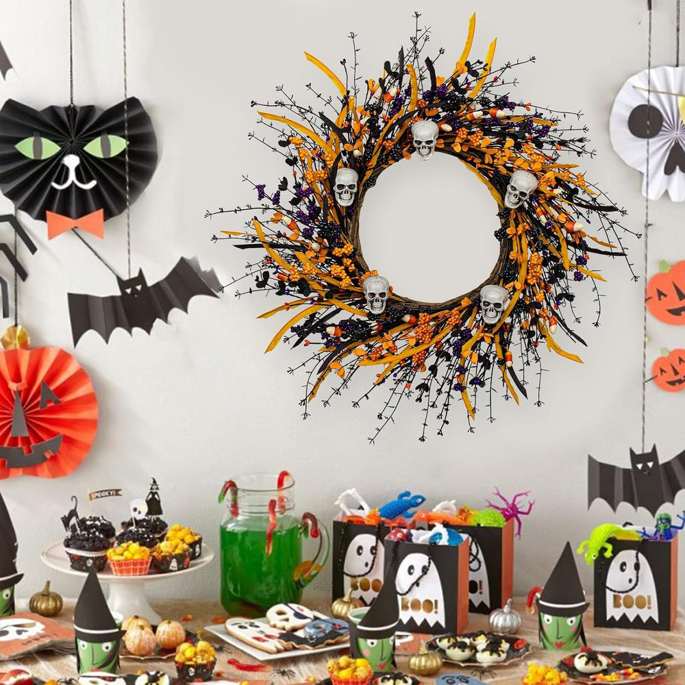 JINGHONG Artificial Halloween Wreath 22 Inch Black Halloween Wreaths for Fron...