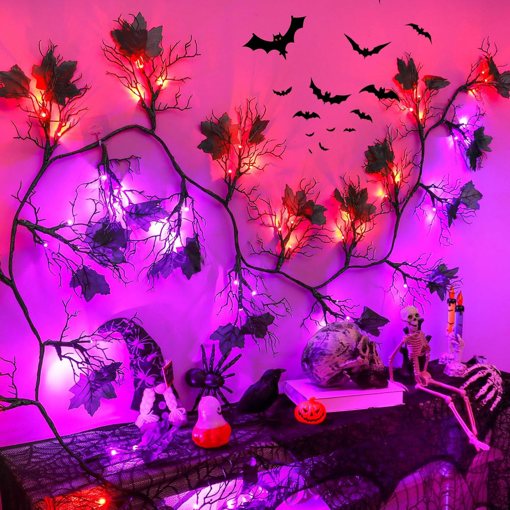 9 Ft 66 LED Willow Vine Twig Decor Black Halloween Garland with Orange Purple...