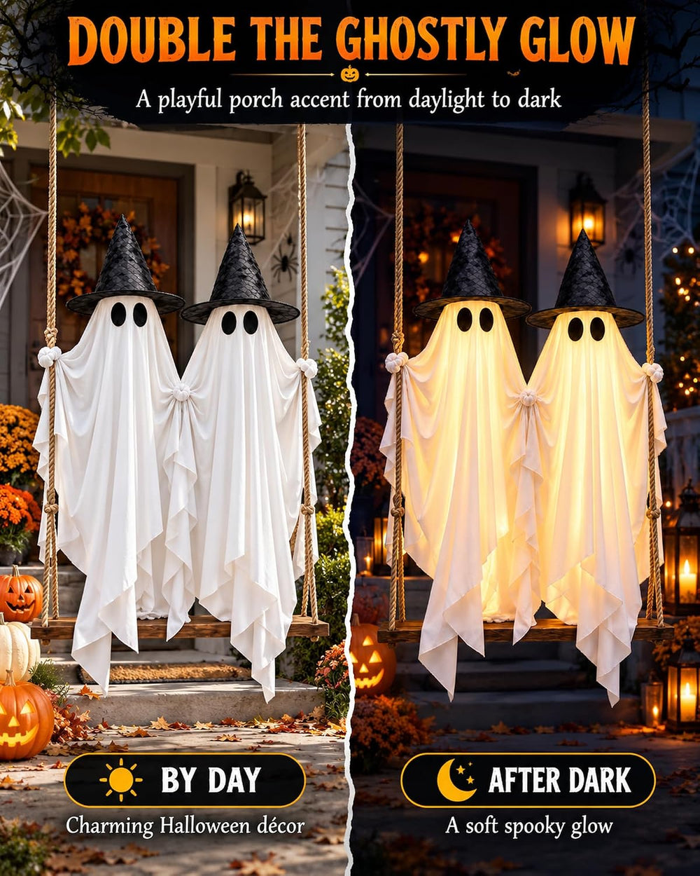 Evoio Halloween Swinging Ghost Outdoor Decor, Two 5FT Ghosts on a Swing, Ligh...