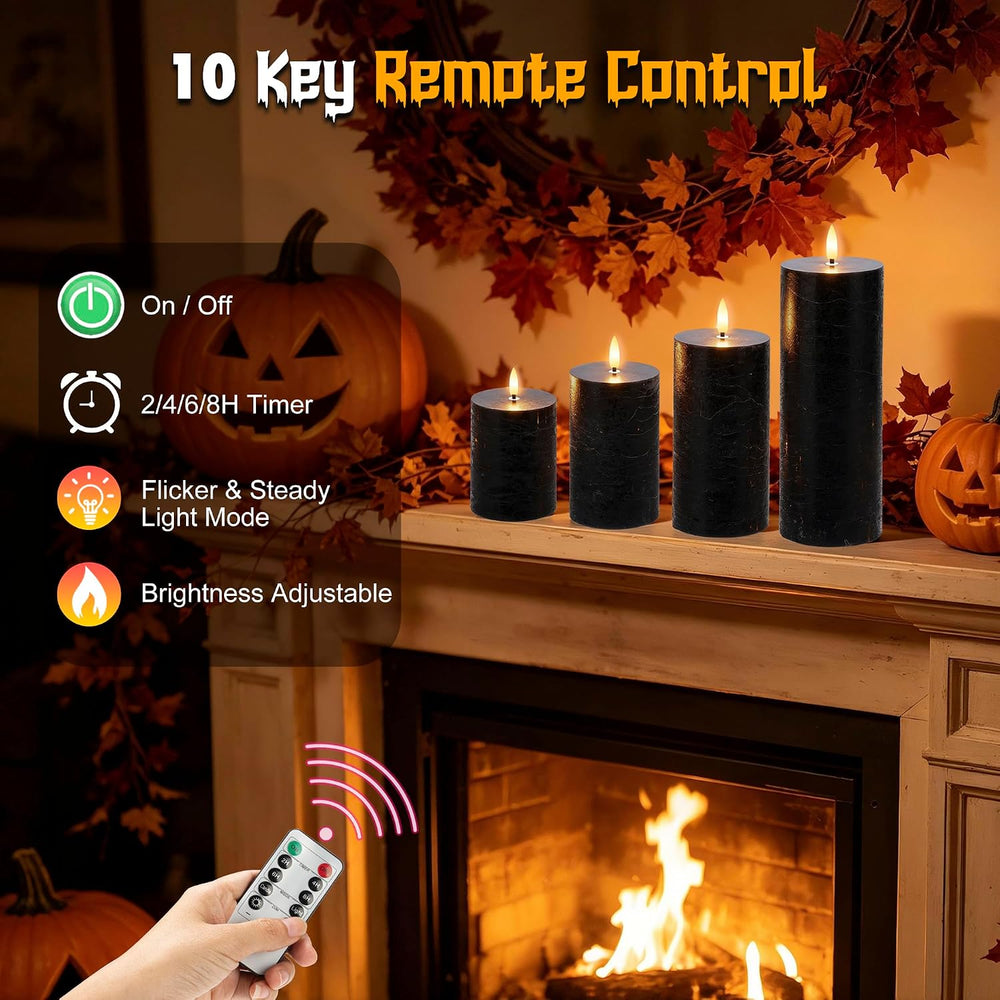 Black Flickering Flameless Candles, Real Wax Halloween Pillar Candles