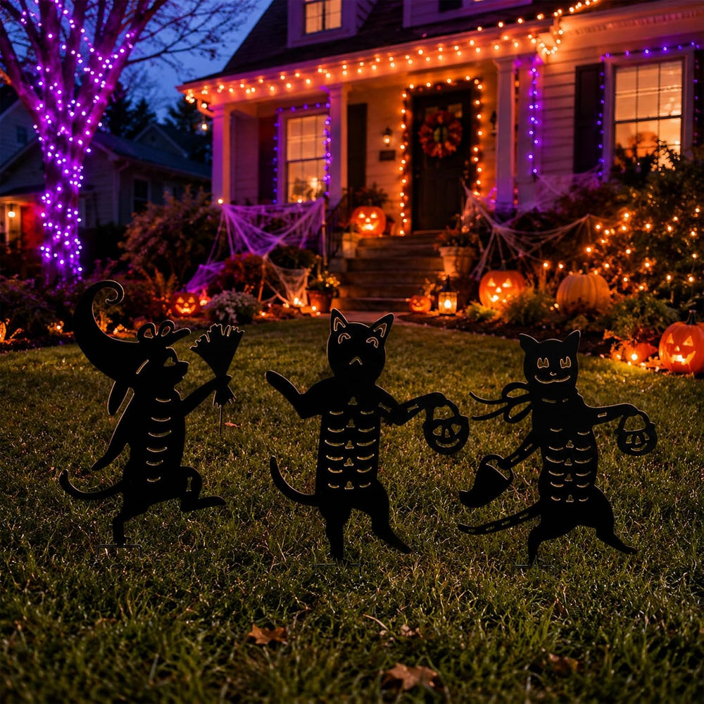 Metal Halloween Black Cat Garden Stakes Decorative, 3 Pack Scary Cat