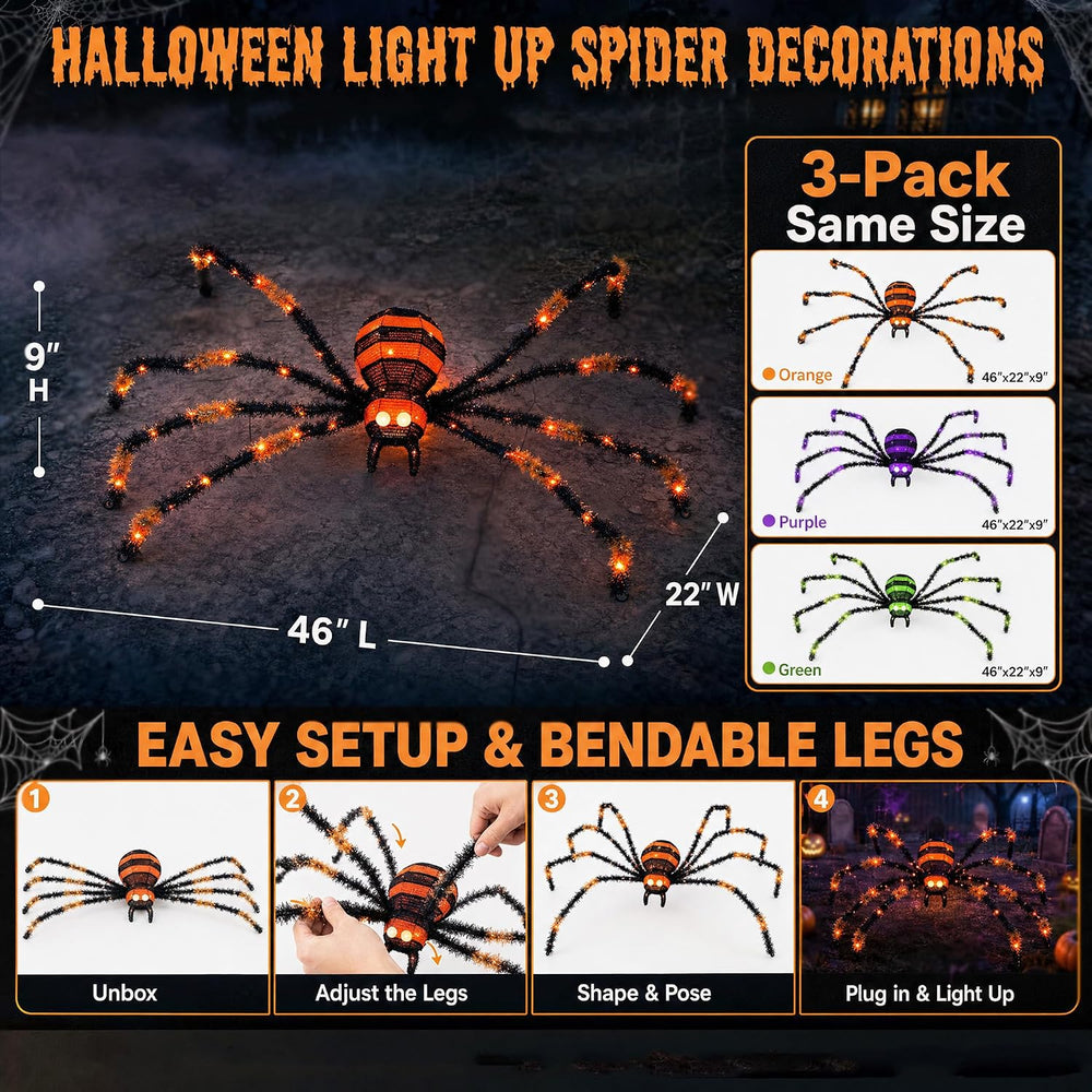 3 Pack Halloween Giant Spiders,4.1Ft Lighted Spider with 8 Lighting Modes