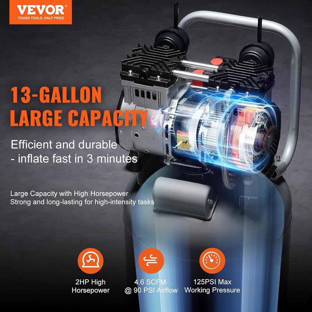 VEVOR 13-Gallon Air Compressor, 2HP, 4.6 SCFM@90PSI, Oil-Free Tank, 66dB Quie...