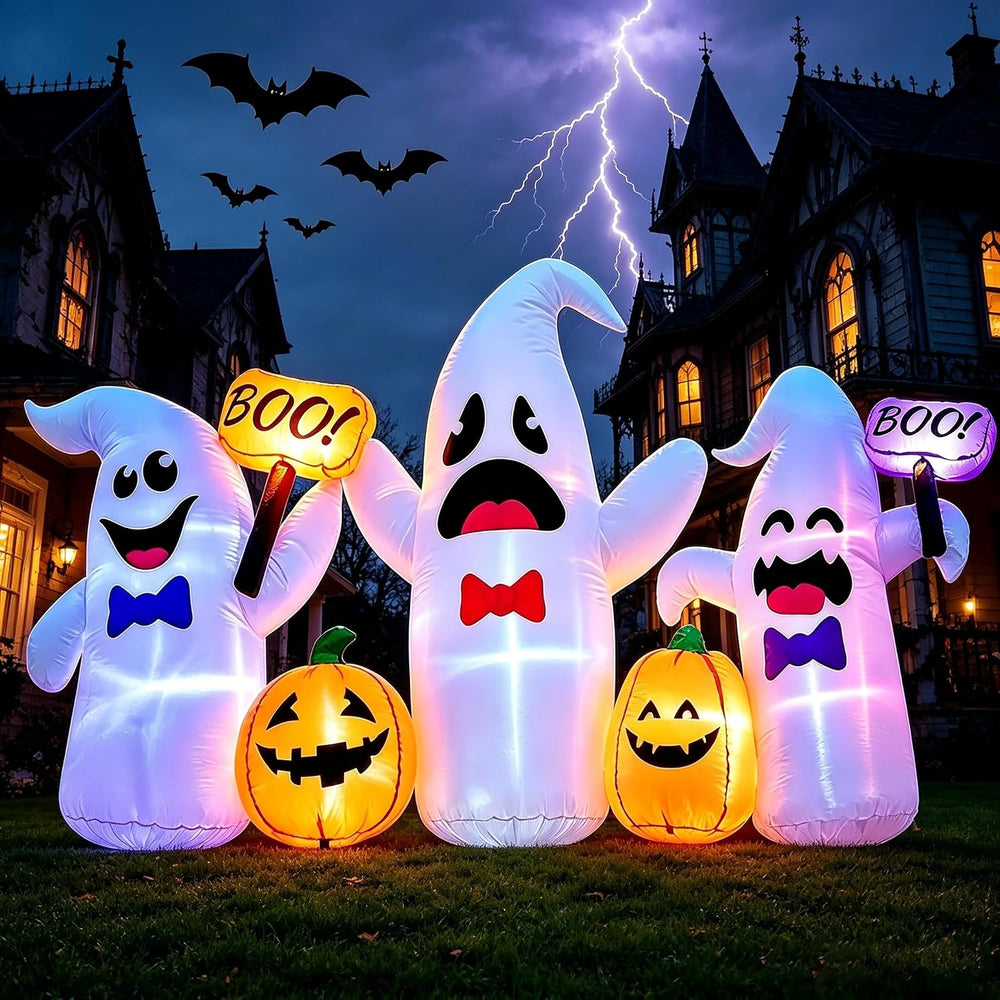 8 Ft Long Halloween Inflatable 3 Ghosts and Pumpkins Decorations Outdoor