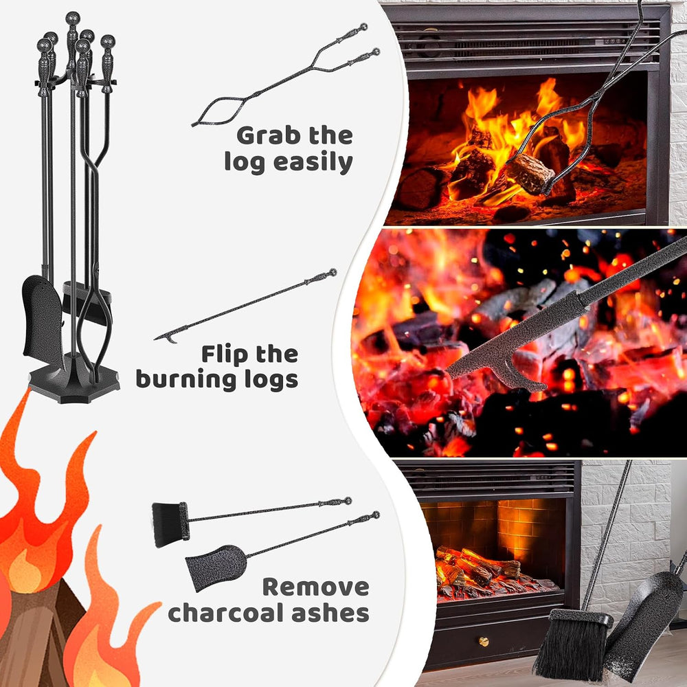 5 Pieces 31in Wrought Iron Fireplace Tools Set w/Ergonomic Handle