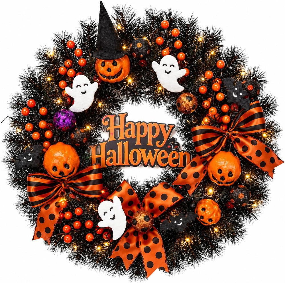 22 Inch Halloween Wreath for Front Door with Light Pumpkin Ghost Decor