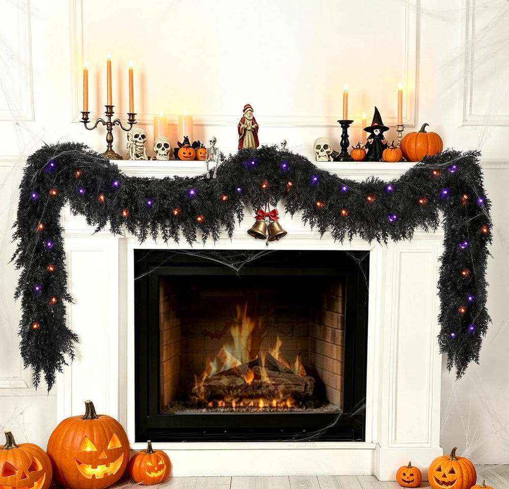 9ft Black Cedar Halloween Garland for Mantle, Soft Touch with Timer Lights