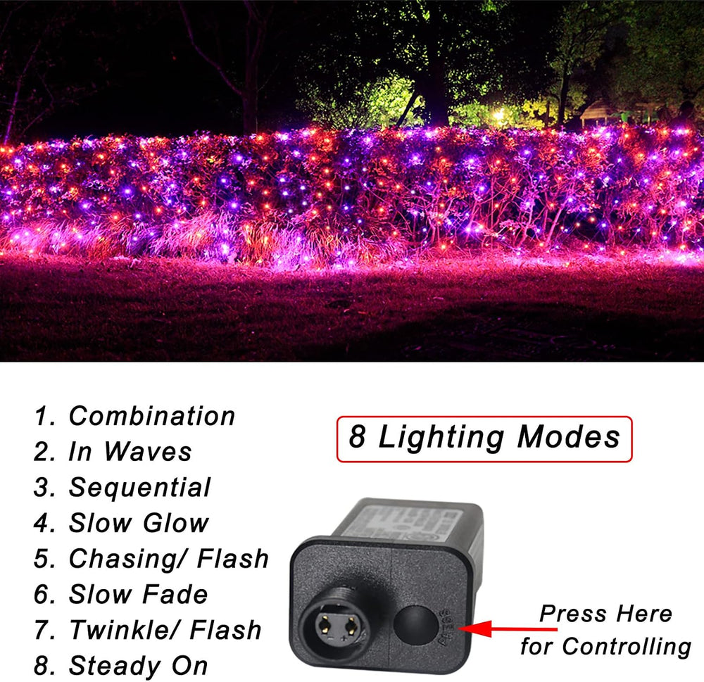 Pooqla Orange and Purple Halloween Net Lights Outdoor, 21x 5ft Green Wire