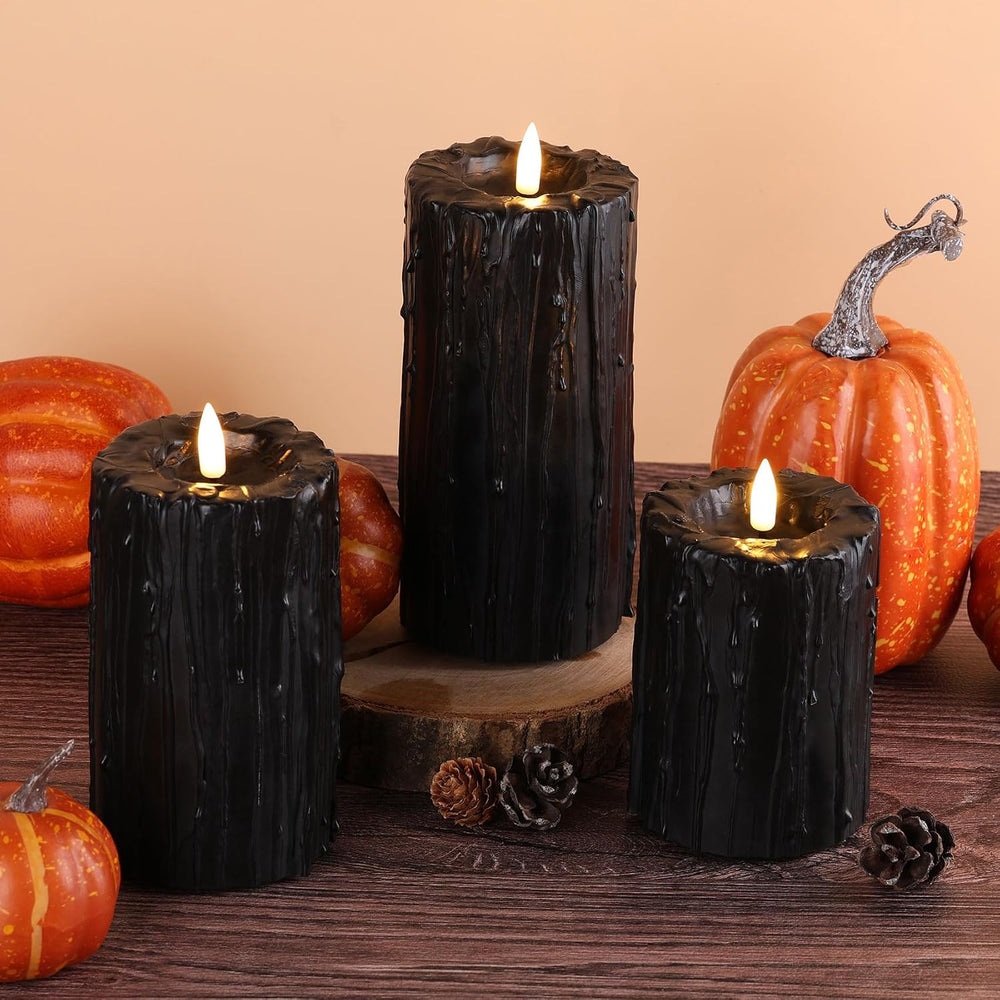 Eywamage Black Dripping Wax Halloween Flameless Pillar Candles with Remote