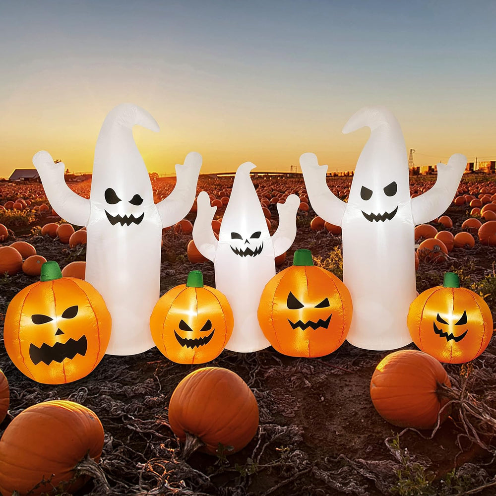 SAND MINE 8 FT Long Lighted Halloween Inflatable Ghosts with Pumpkins, Hallow...