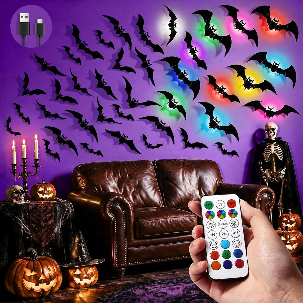LUDILO 48P Bats Halloween Decorations + 12P Rechargeable Lights with Remote