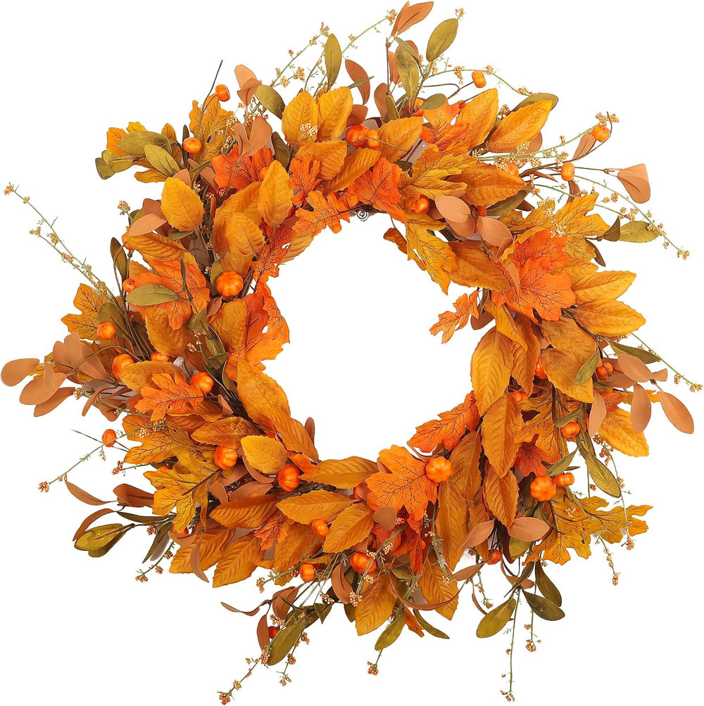 Fall Halloween Wreath for Front Door 24 inch Autumn Leaves Pumpkin