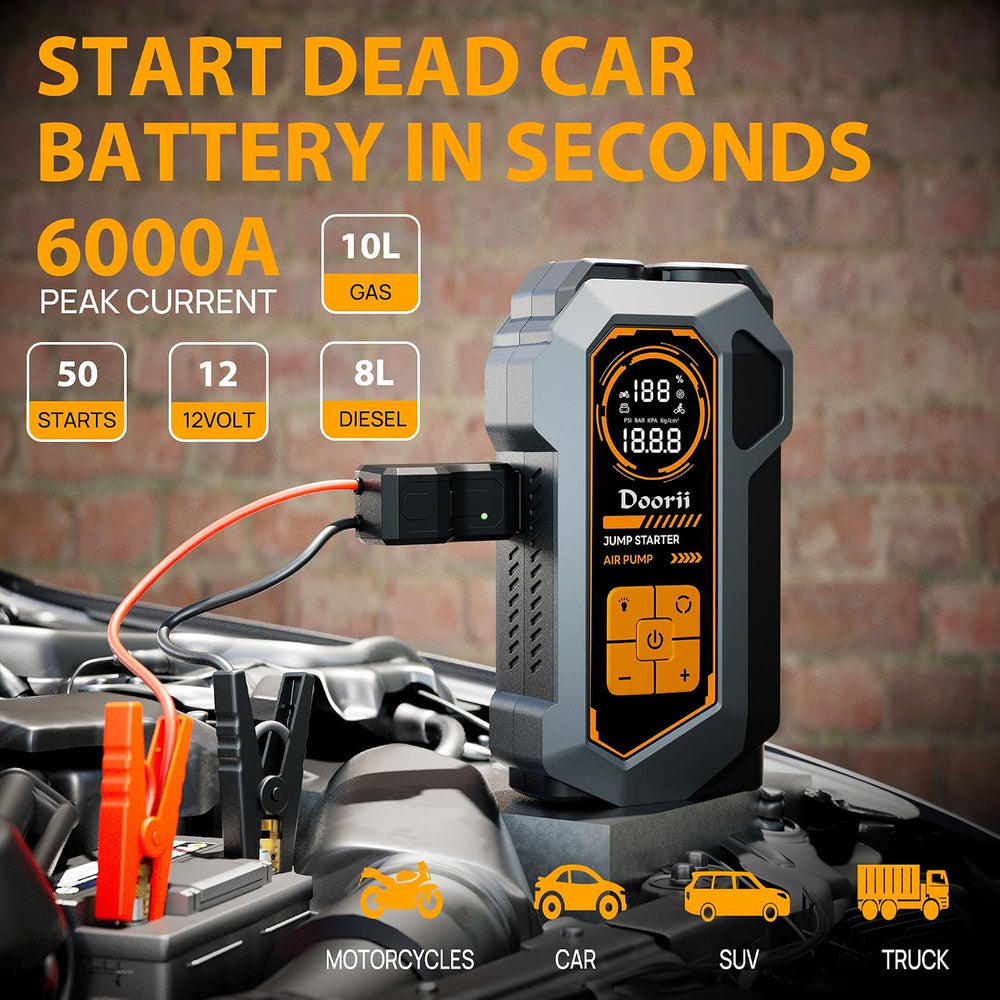 6000A Jump Starter with Air Compressor, 10-in-1 Car Jumper Starter Portable, ...