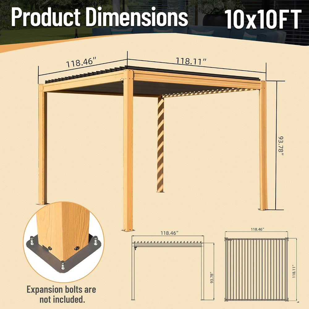 Domi Aluminum Louvered Pergola 10x10, Outdoor Metal Pergola, Wood Looking