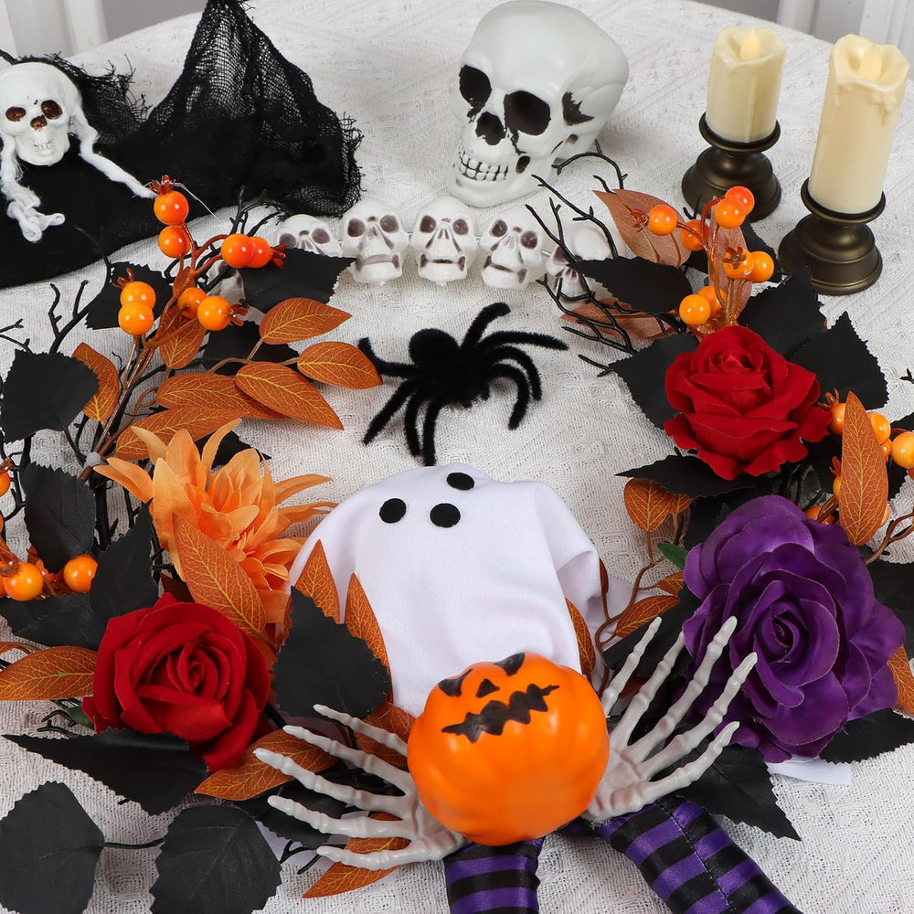 28Inch Length Halloween Wreath for Front Door, Gothic Lighted Fall Wreath