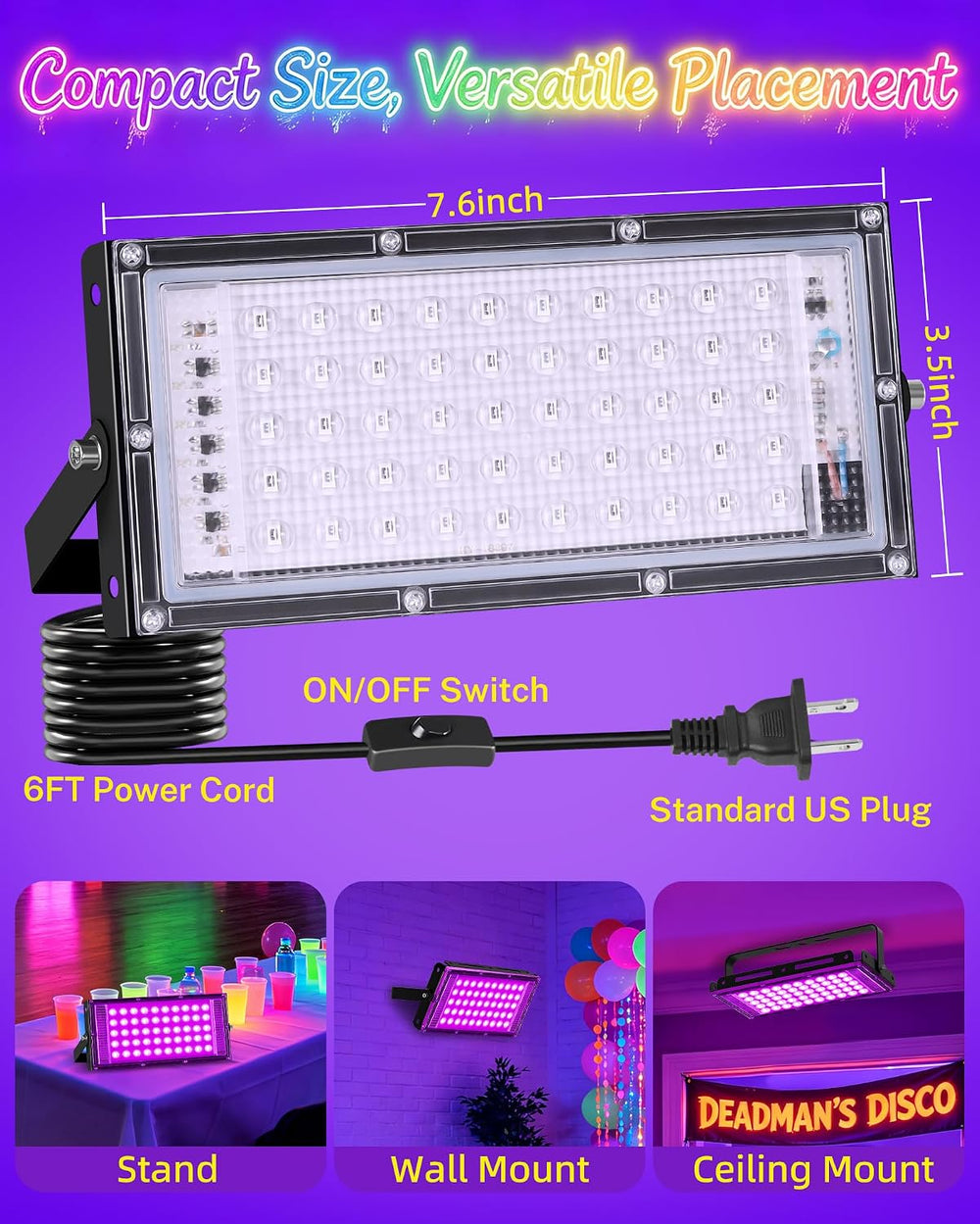 4 Pack 50W Black Light IP66 with Switch+6FT Cord for Halloween Glow Party