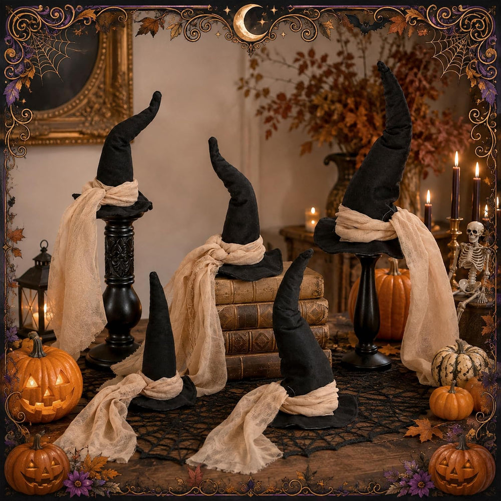 6 Pcs 3 Size Halloween Witch Hat Table Centerpieces with Gauze Ribbon