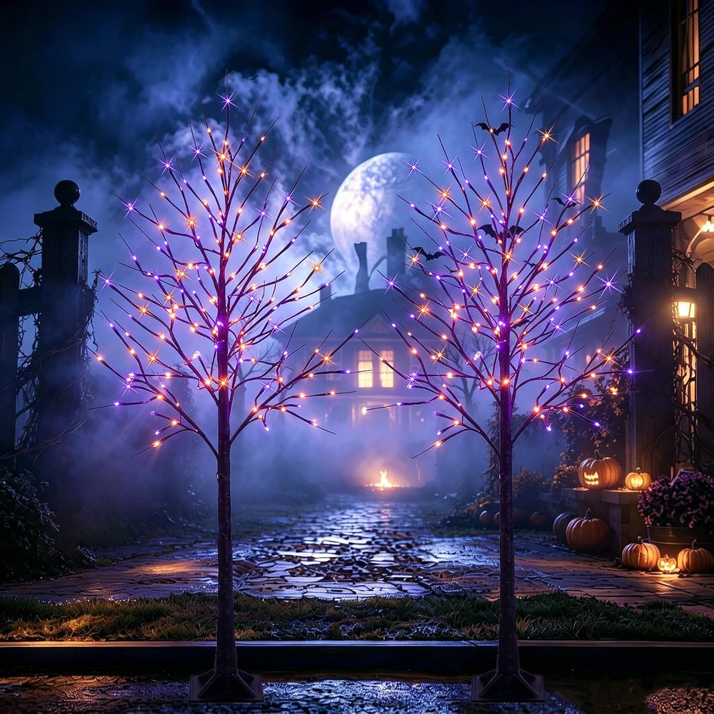 Dazzle Bright 2 Pack Halloween Lighted Up Birch Tree, Total 96 LED Purple and...