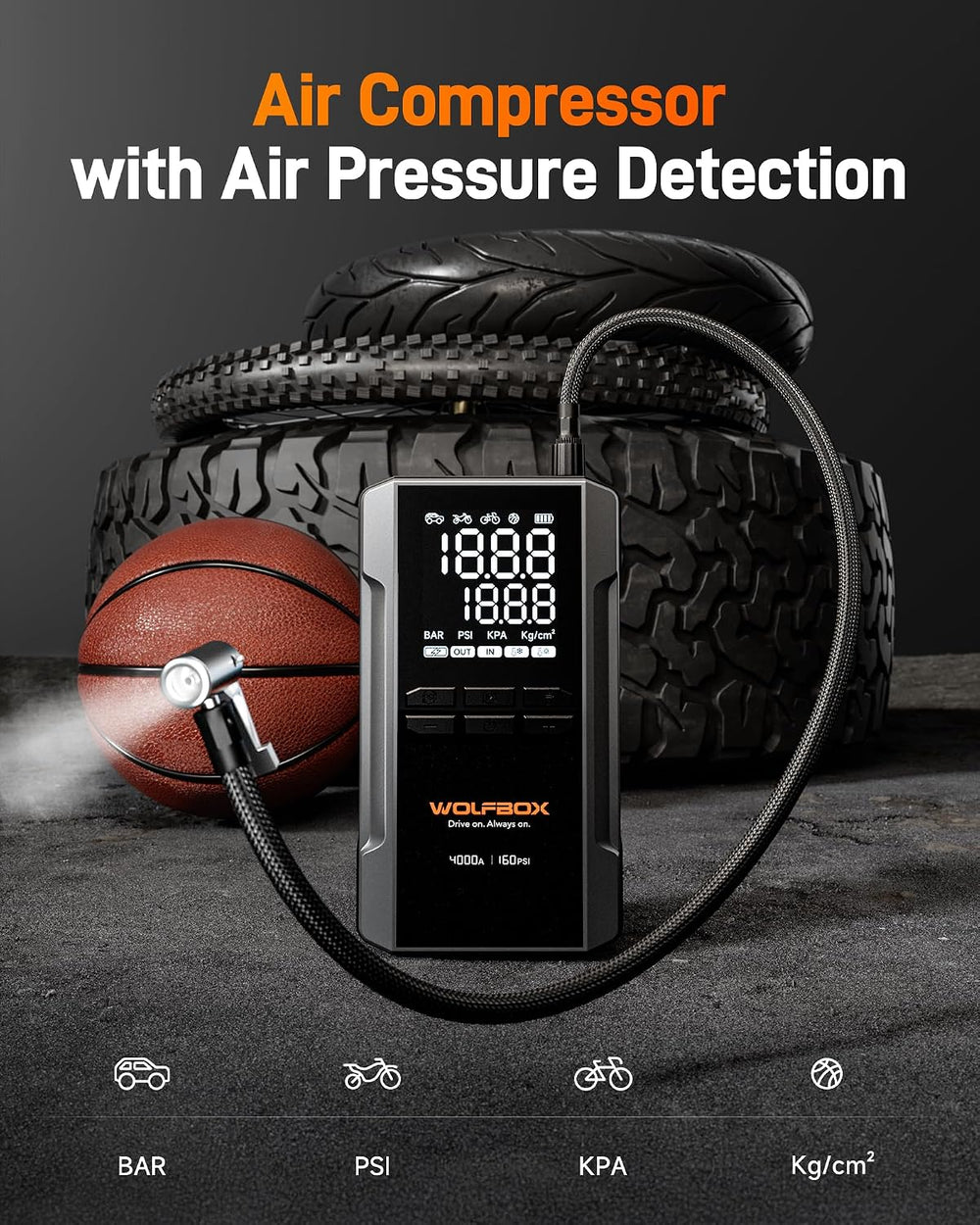WOLFBOX 4000A Jump Starter with Air Compressor, Portable 12V Jump Box