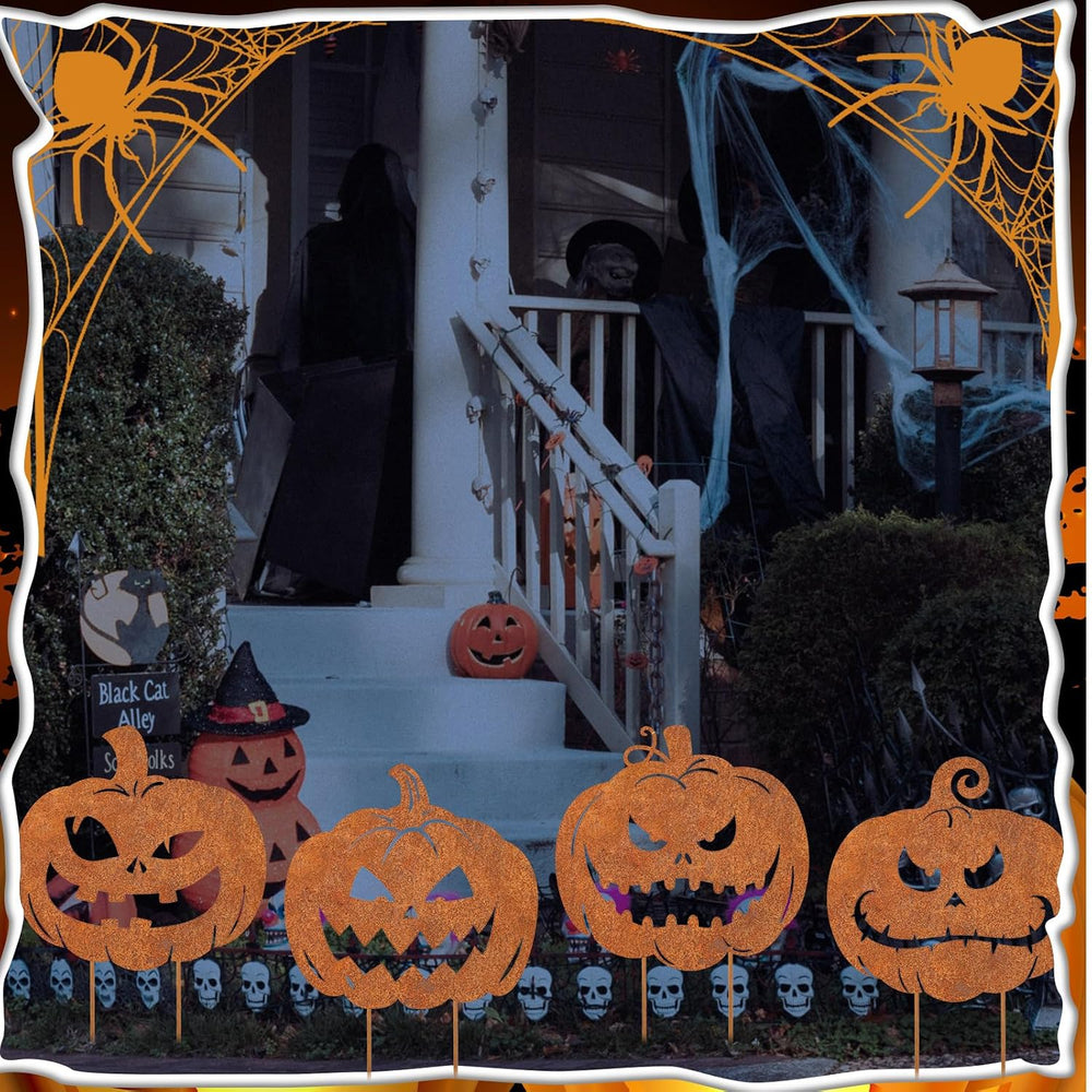 MorningRo 4 Pcs Halloween Outdoor Decoration Rusty Pumpkin Metal Yard Signs