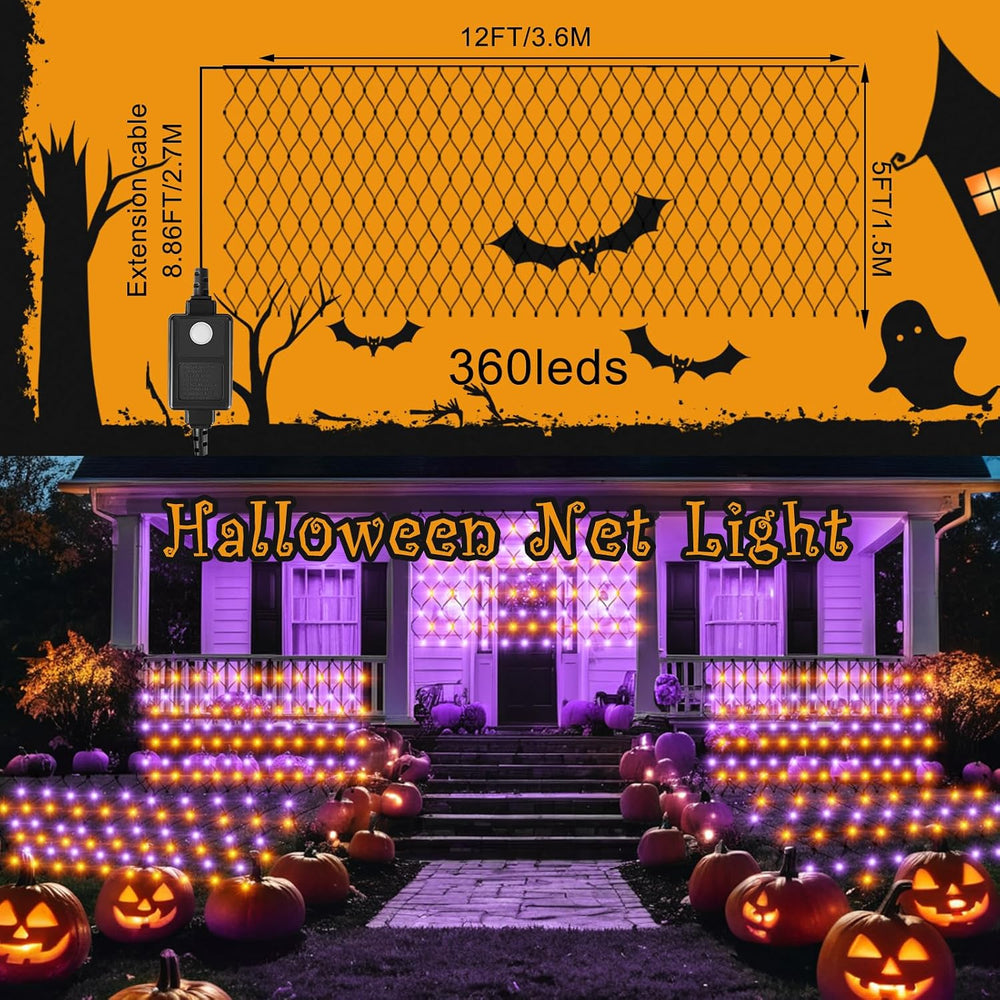 HYH Halloween Net Lights Outdoor 360 LED 12x5 FT Bush Orange Purple Light