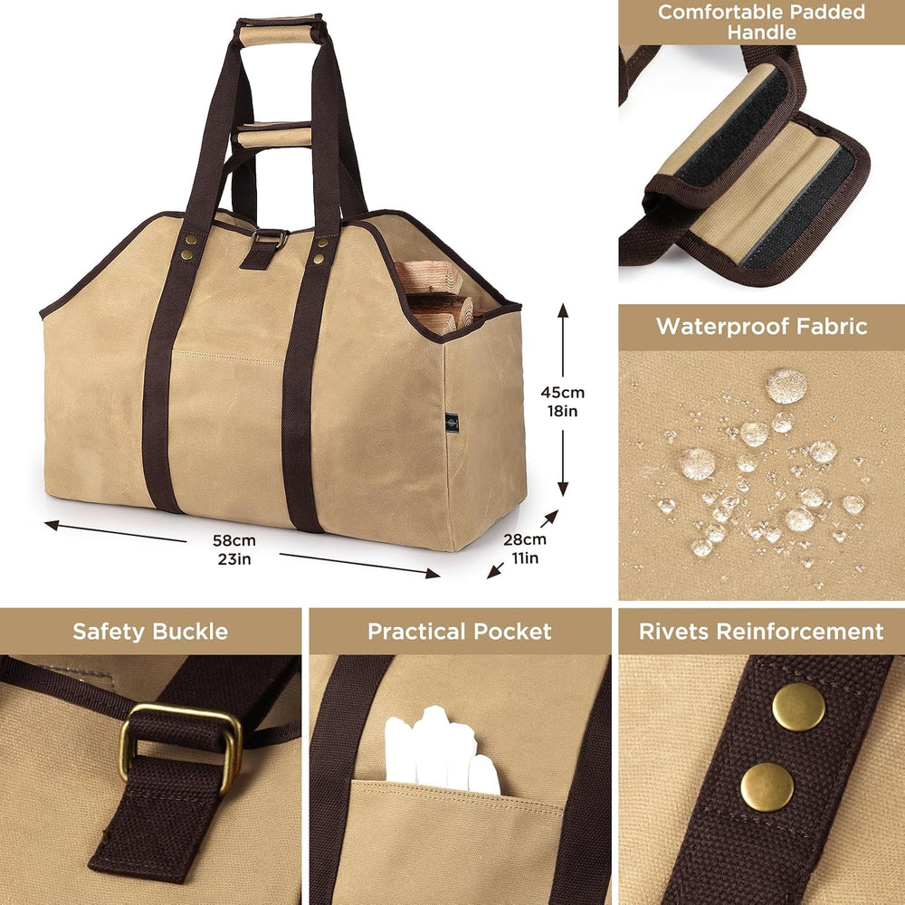 BONTHEE Firewood Carrier Bag Waxed Canvas Waterproof Extra Large Log Carrier ...