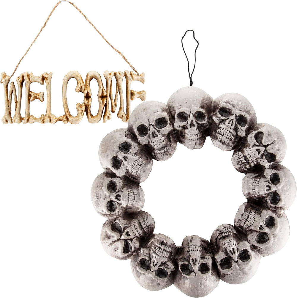 Halloween Welcome Sign & Skull Wreath 2 Pack Fall Skeleton Door Wall Decor