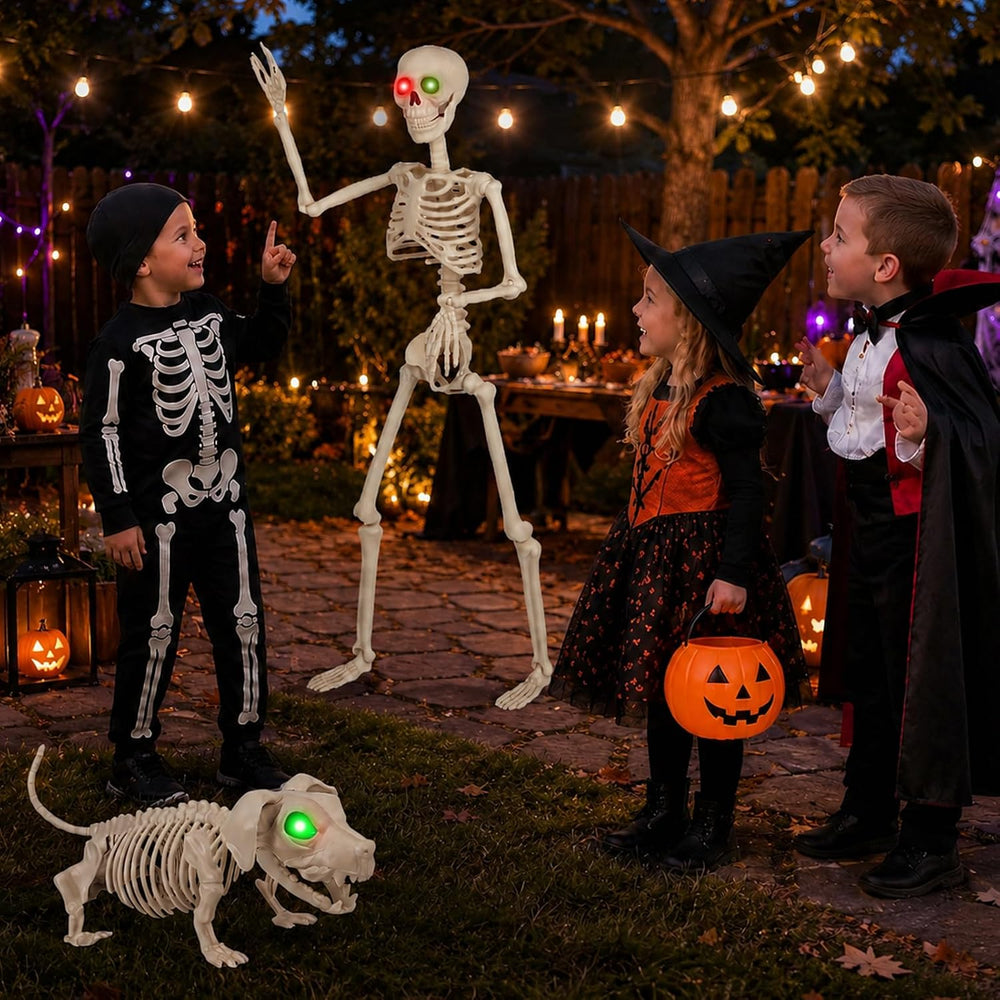 36'' Halloween Skeleton Decoration with Dog: Posable Skeleton Glowing...