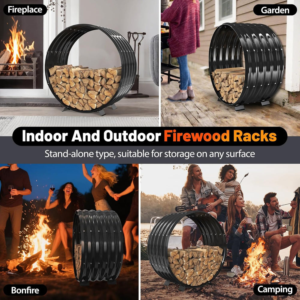 32" Round Metal Firewood Rack Circle with 4X Metal Support Outdoor / Indoor